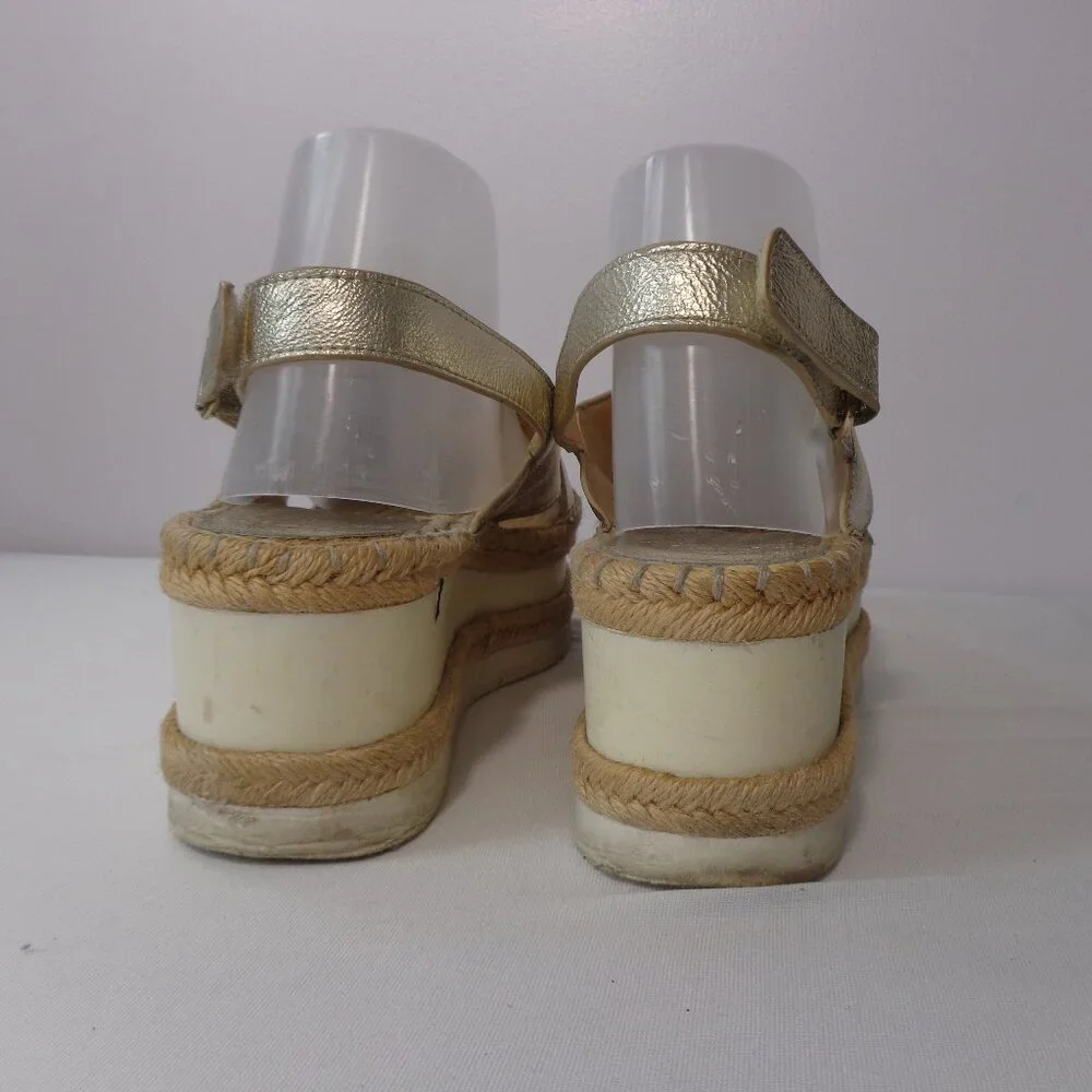 Marc Fisher Metallic Gold Leather Espadrille Platform Wedge Sandal Womens Sz 7.5